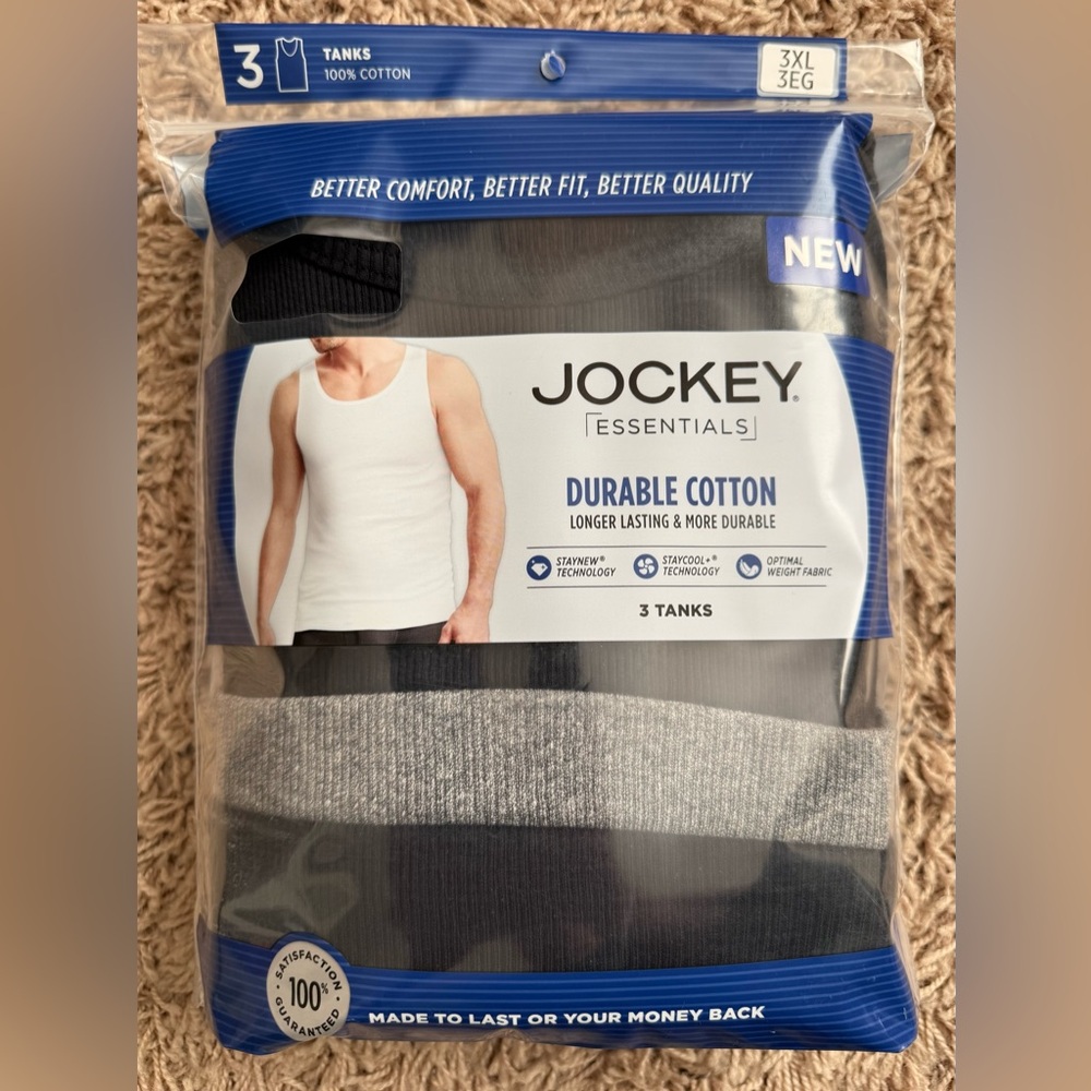 Jockey Essentials Black And Grey Mens 3 Pack Tanks 100% Cotton Size: 3XL